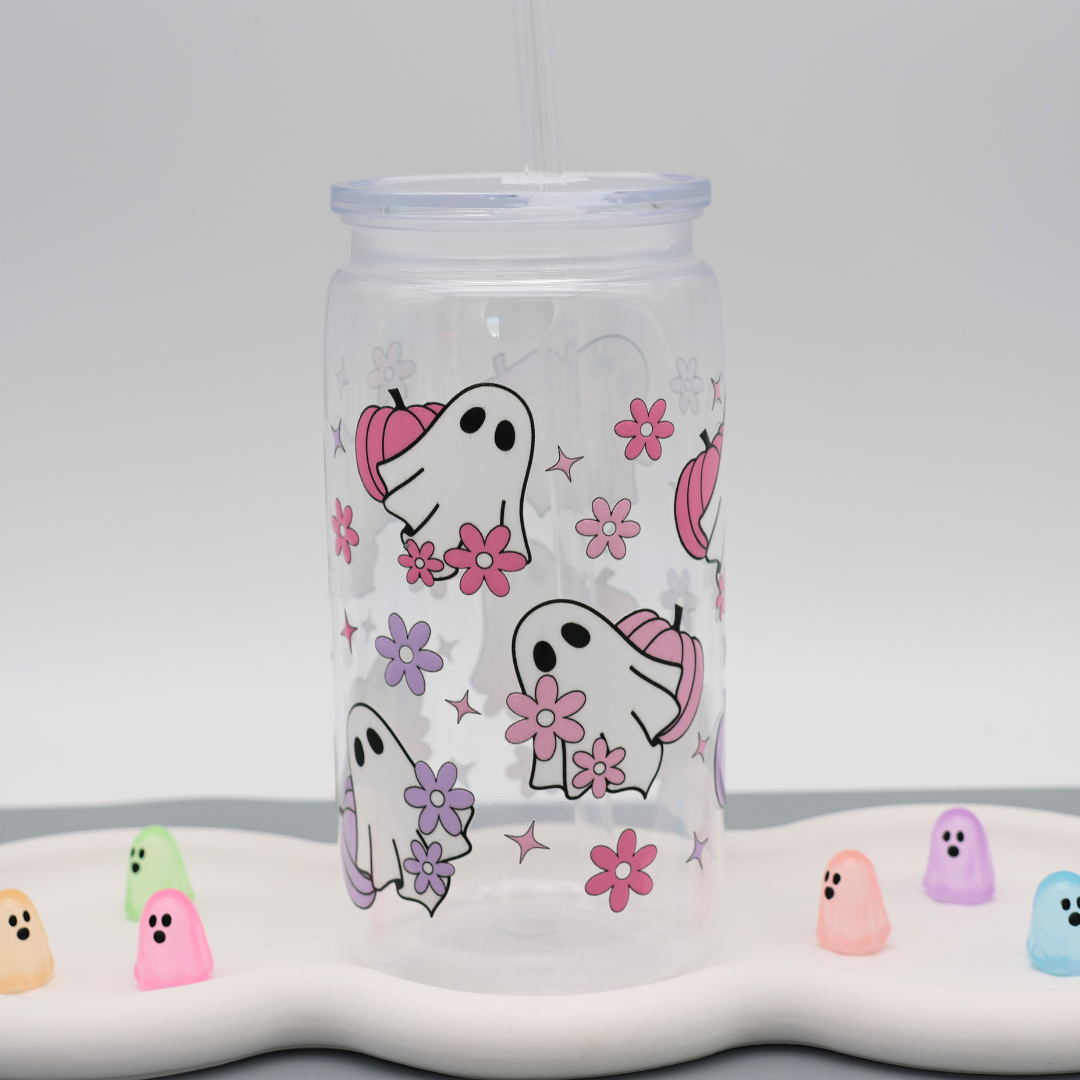 Plastikbecher mit Strohhalm - Pumpkin Ghost
