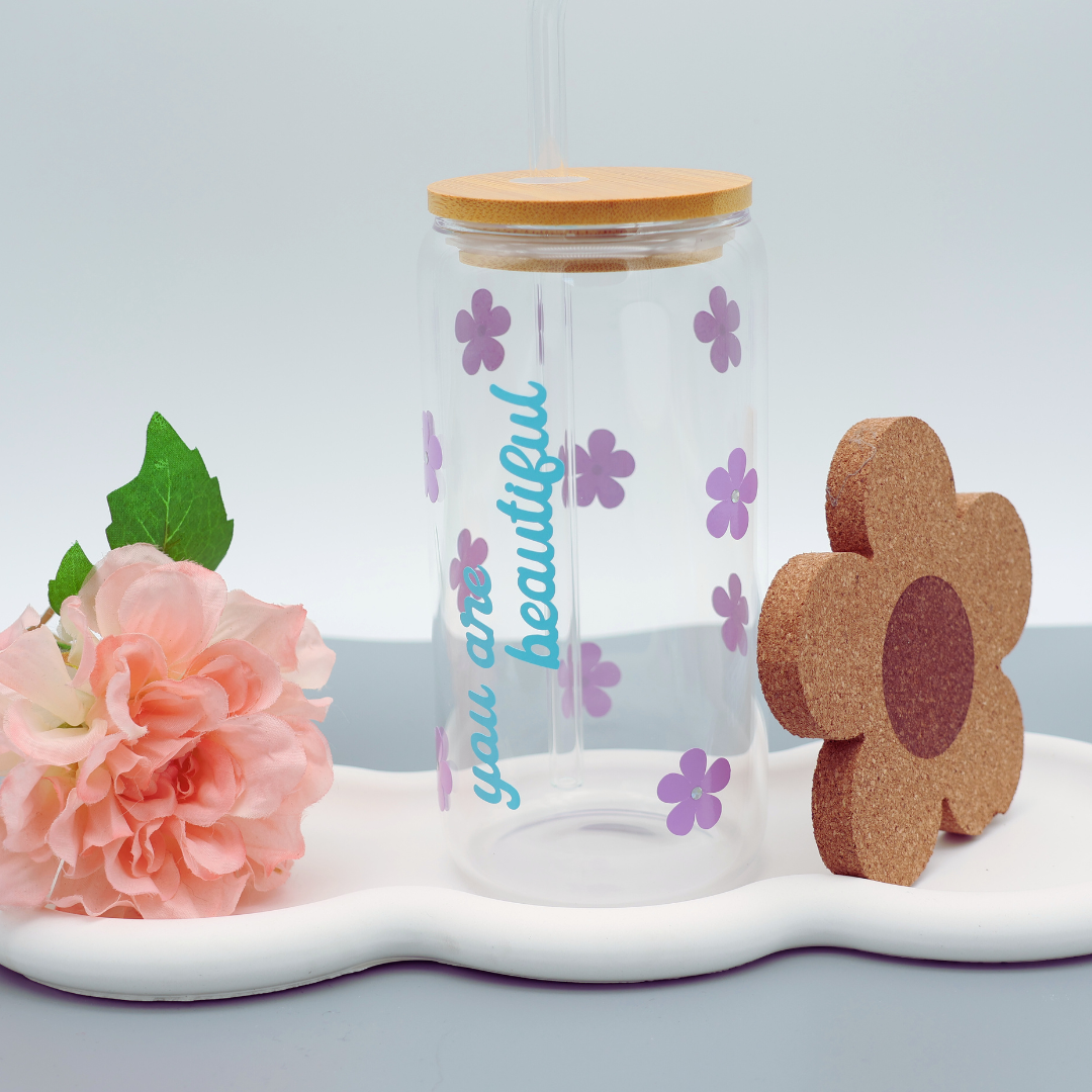 You are Beautiful | Trinkglas 500 ml | Strohhalm + Deckel