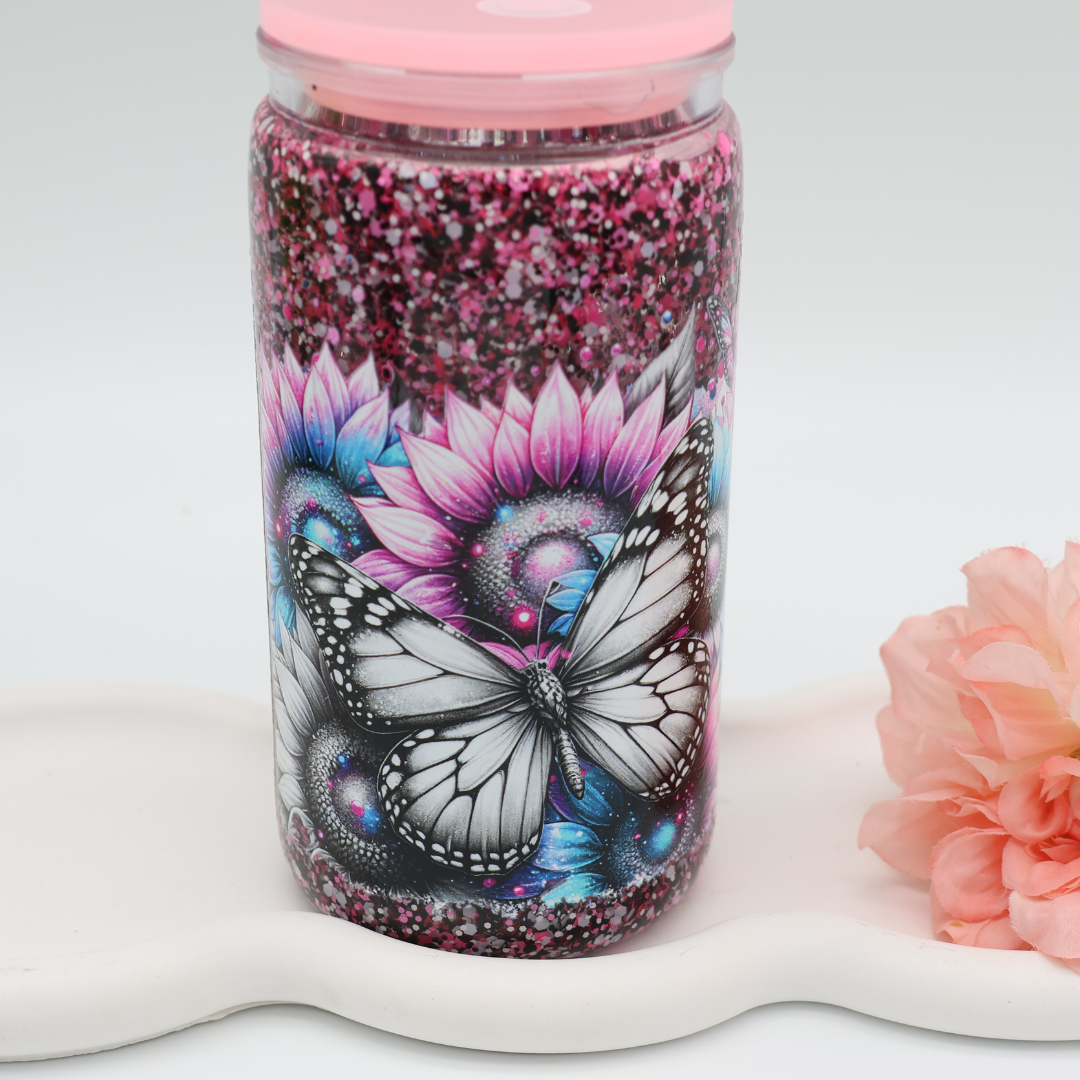 Snowglobe- / Glitzer-Becher - quick Flow - black pink girlie 480ml