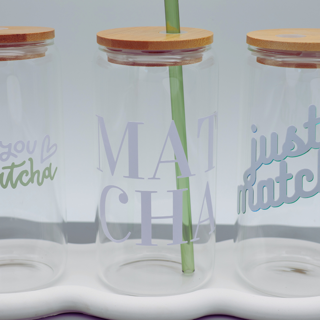MATCHA | Trinkglas 500 ml | Strohhalm + Deckel