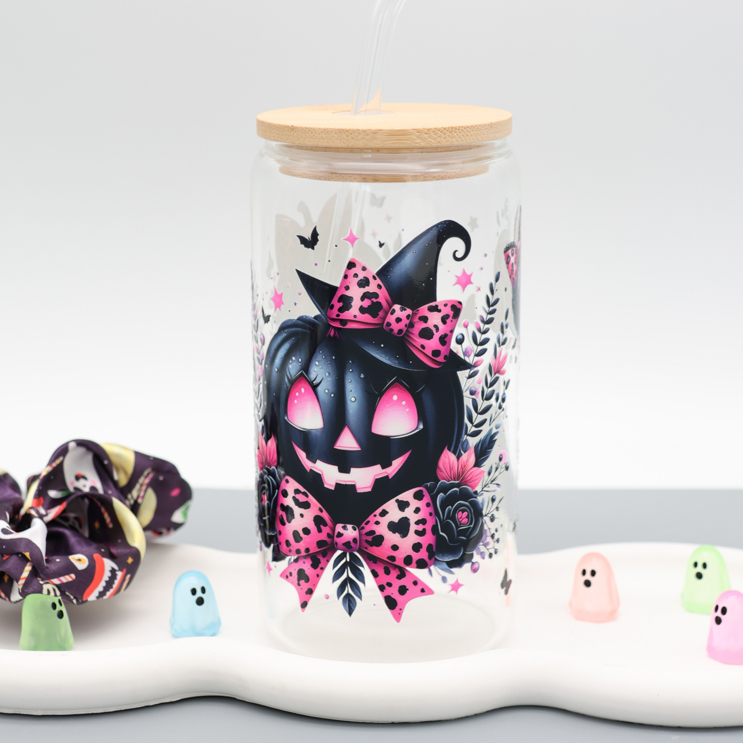 Creepy Pumpkin Trinkglas | Glas 500 ml | Strohhalm + Deckel