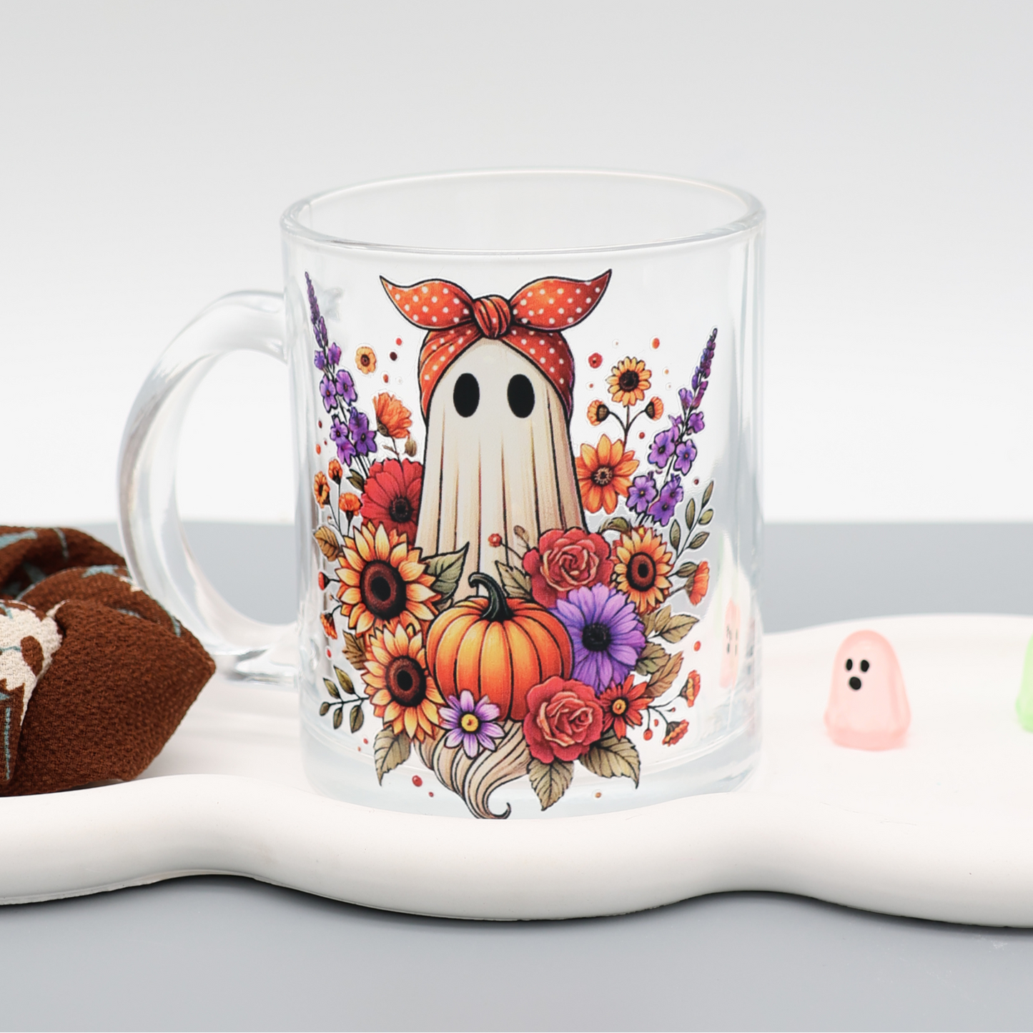 Glas Tasse mit niedlichem Herbst Geist | trendige Kaffeetasse mit frechen Motiven | 300ml Tasse für Büro