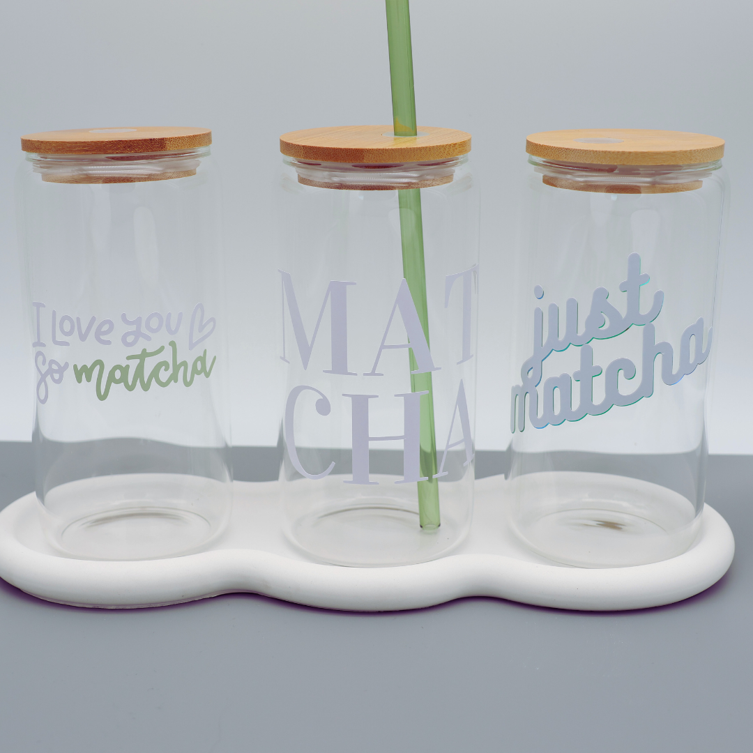 MATCHA | Trinkglas 500 ml | Strohhalm + Deckel