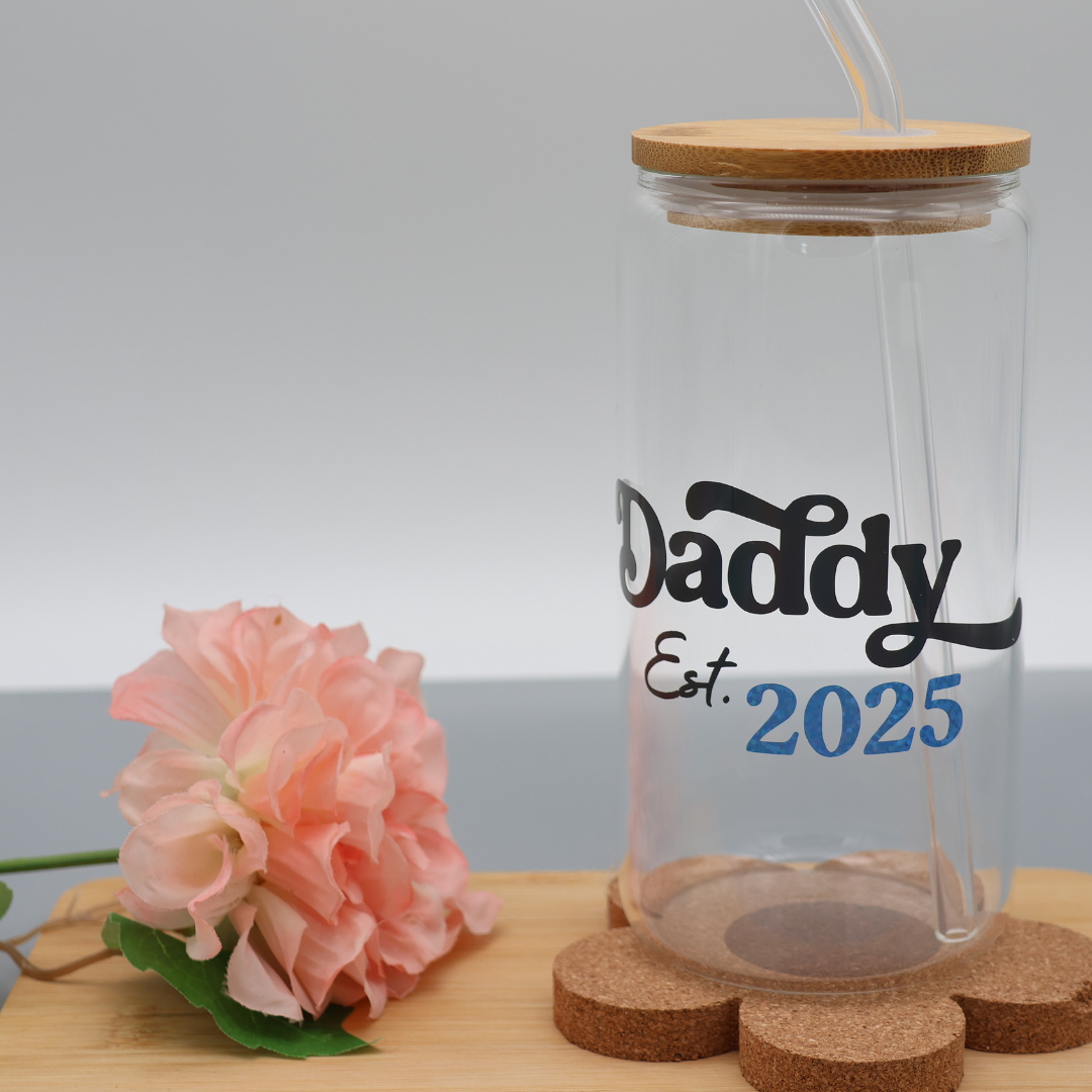 Daddy EST - personalisierbar | Baseball Variante | Trinkglas 500 ml | Strohhalm + Deckel