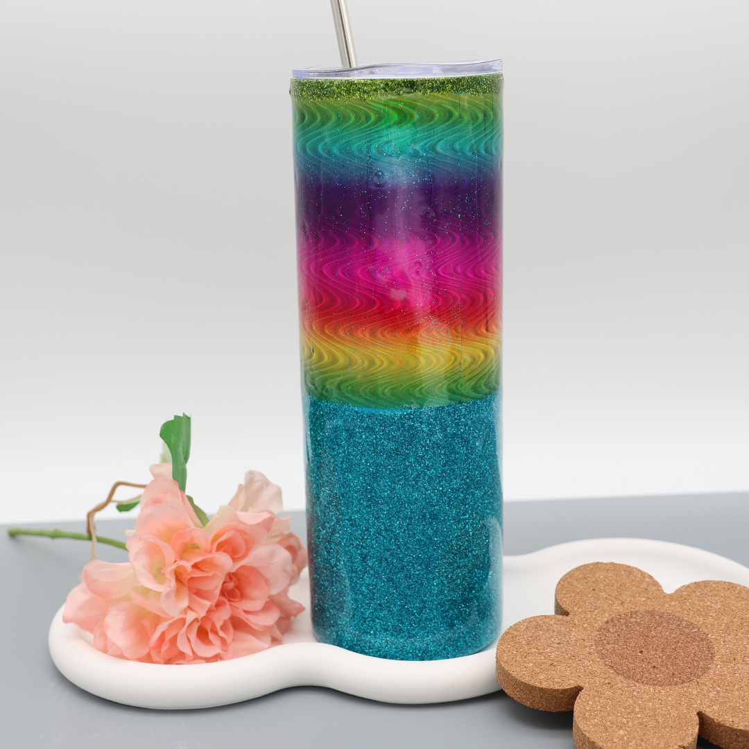 Türkiser Regenbogen Glitzer Tumbler | Edelstahl Tumbler | Epoxidharz Thermobecher | personalisierbar