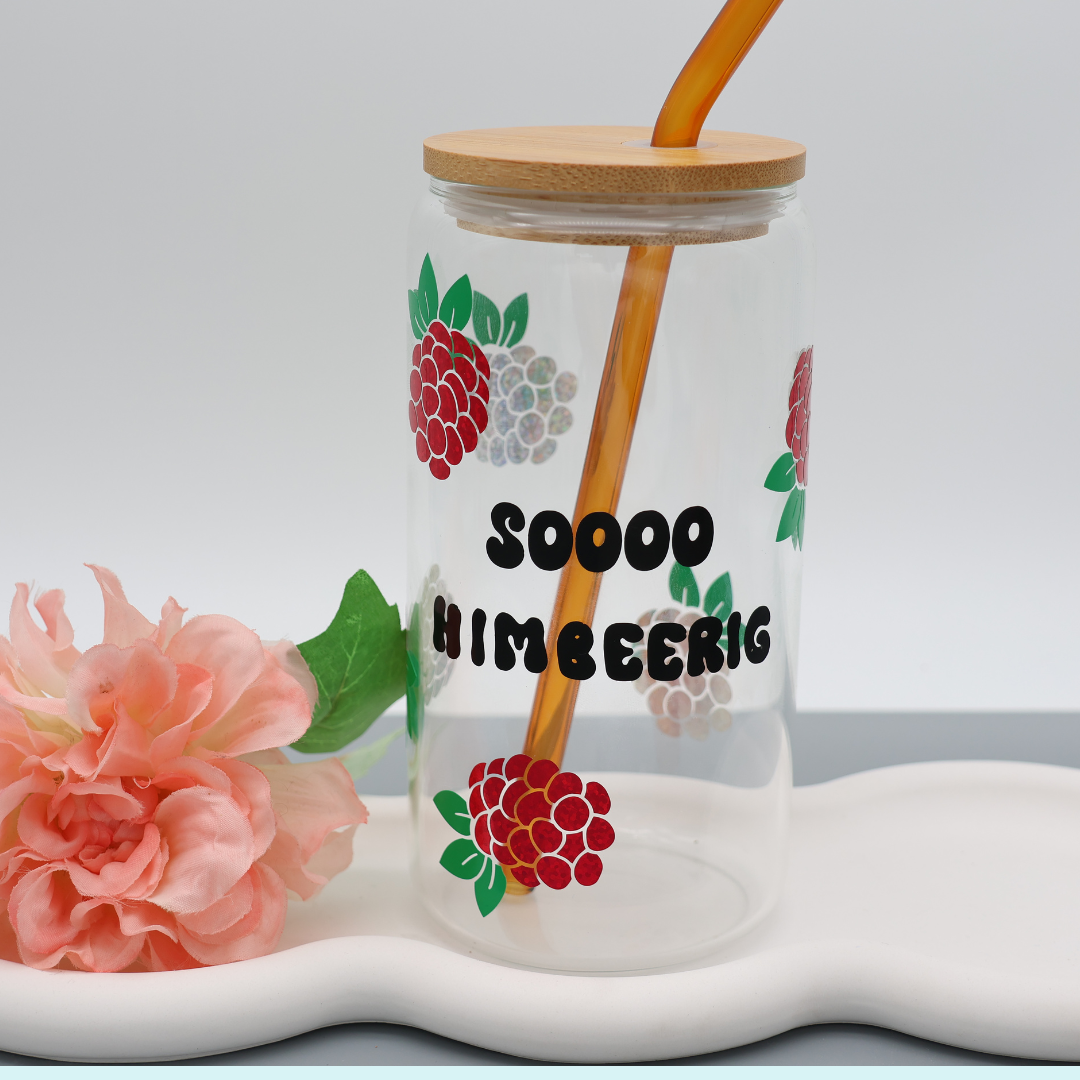 Himbeeren | Trinkglas 500 ml | Strohhalm + Deckel