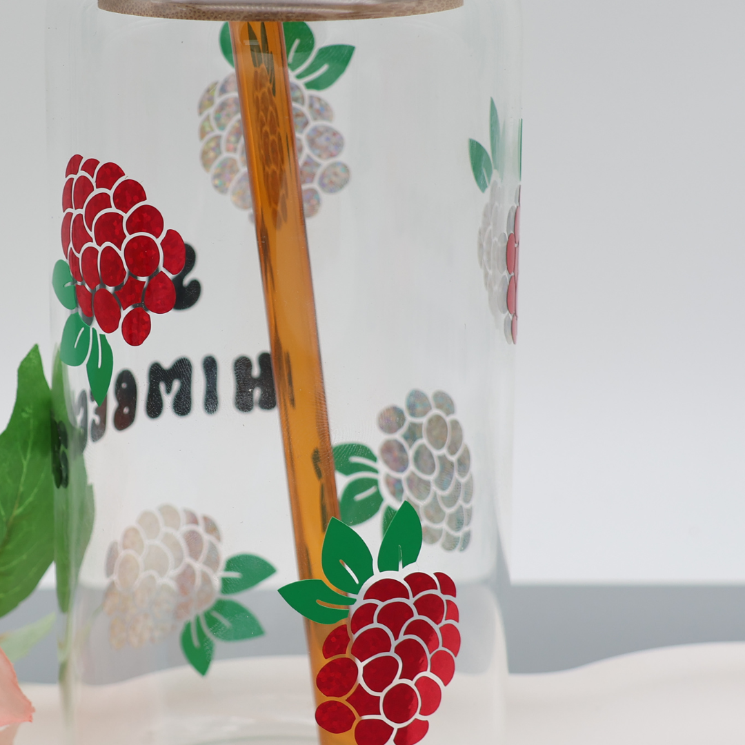 Himbeeren | Trinkglas 500 ml | Strohhalm + Deckel