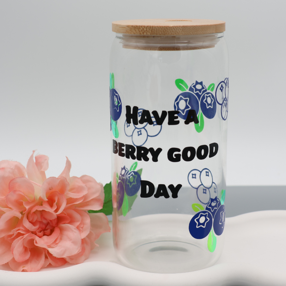 Blaubeeren Heidelbeeren | Trinkglas 500 ml | Strohhalm + Deckel