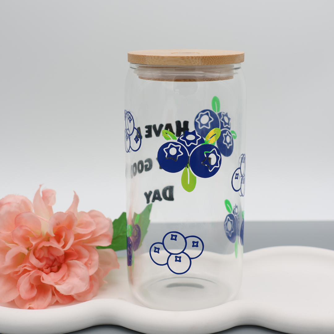 Blaubeeren Heidelbeeren | Trinkglas 500 ml | Strohhalm + Deckel