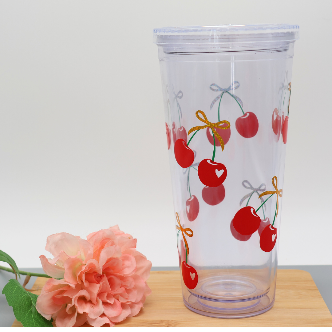 Trinkbecher Cherry Bow | Strohhalm + Deckel | 700 ml
