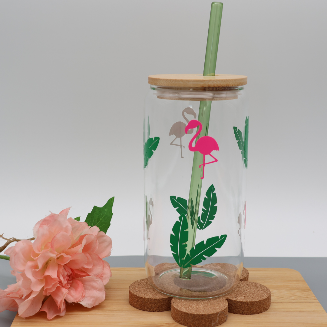 Flamingo & Leaf | Trinkglas 500 ml | Strohhalm + Deckel