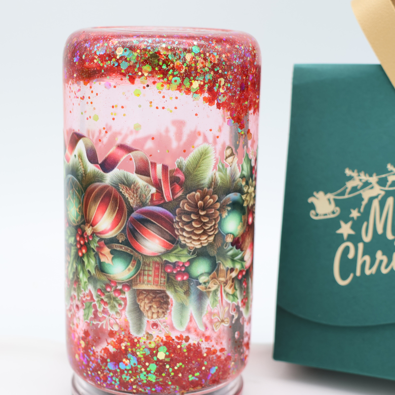 Snowglobe- / Glitzer-Becher - Weihnachtskranz