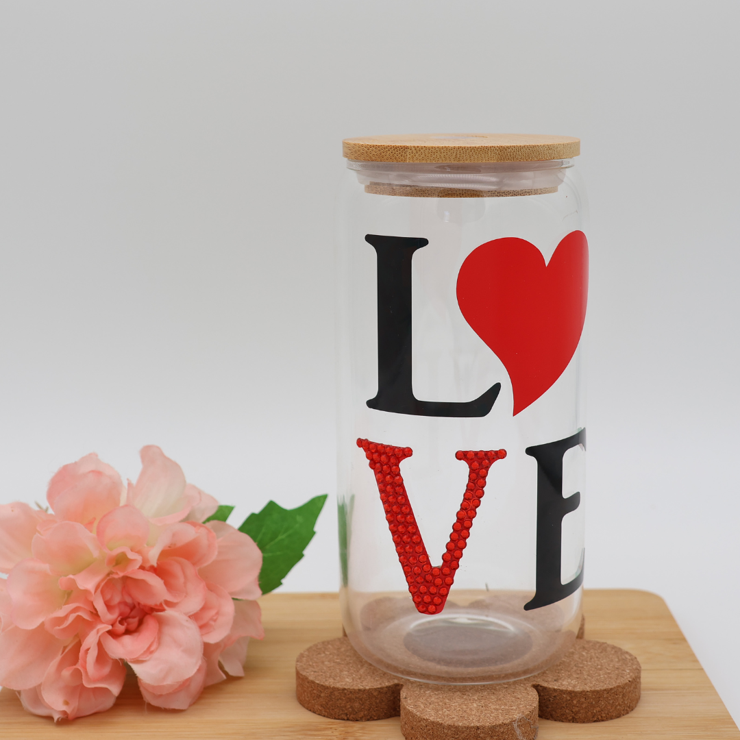 LOVE - Strassstein | Trinkglas 500 ml | Strohhalm + Deckel