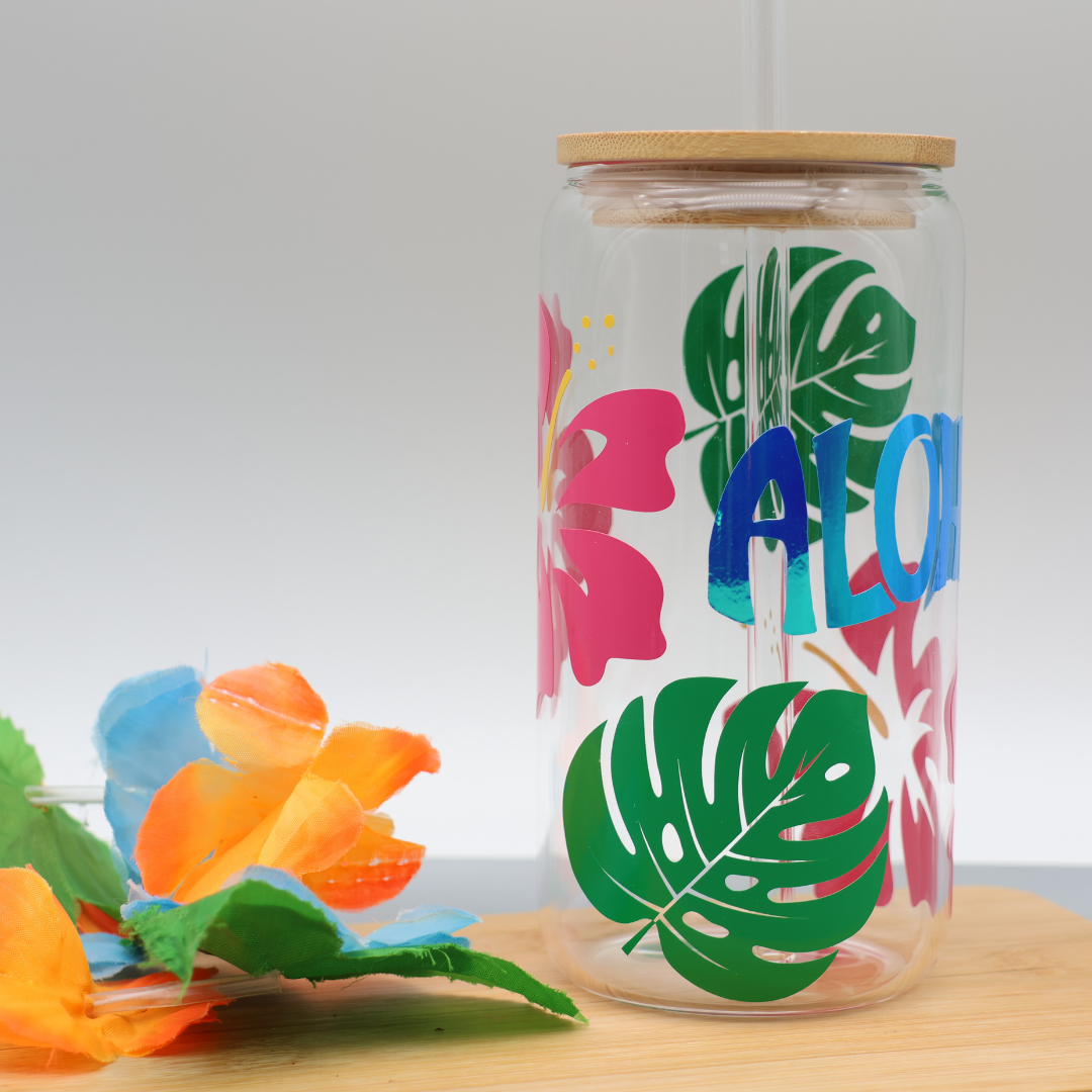 Aloha | Trinkglas 500 ml | Strohhalm + Deckel