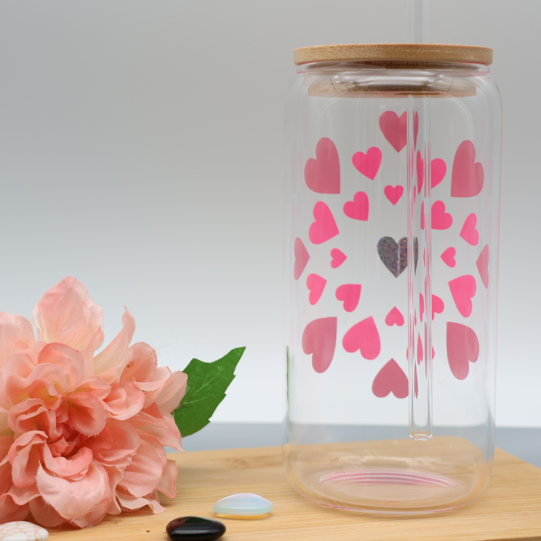 Blume aus Herzen | Trinkglas 500 ml | Strohhalm + Deckel
