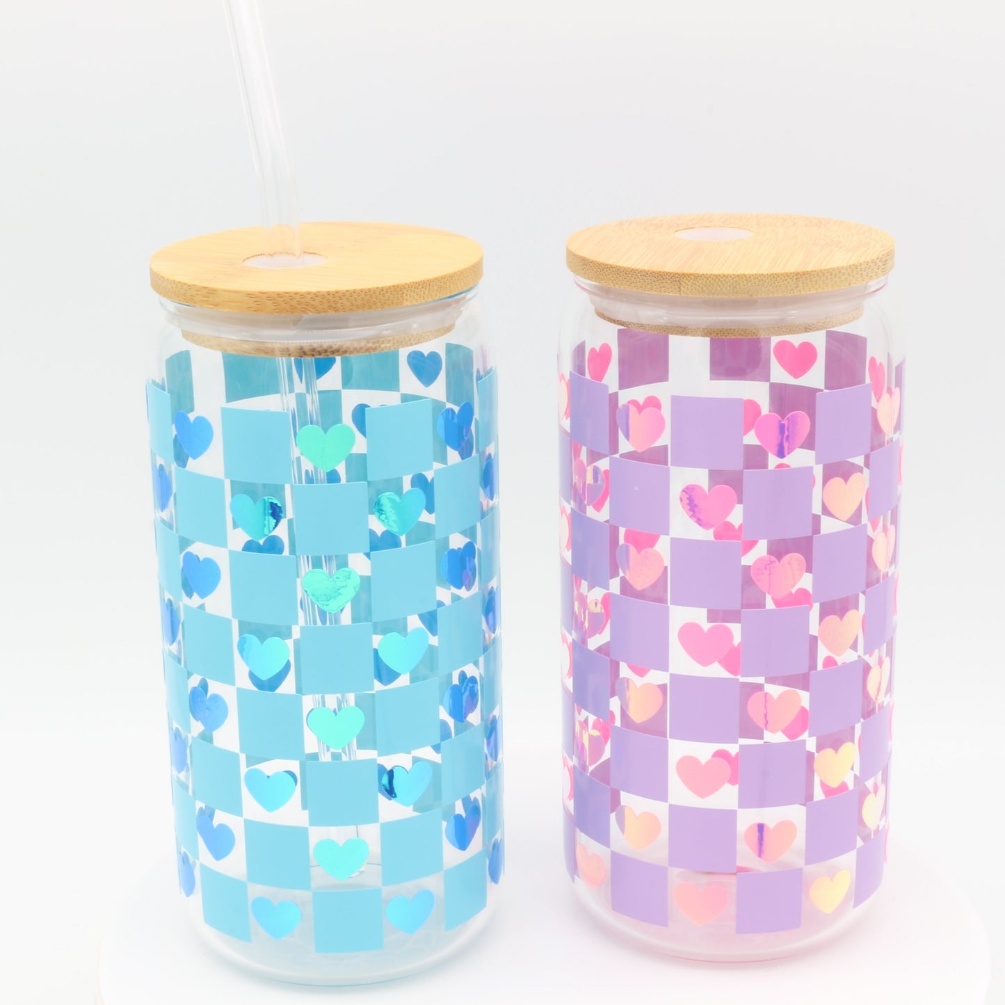 Checkered Heart | Trinkglas 500 ml | Strohhalm + Deckel