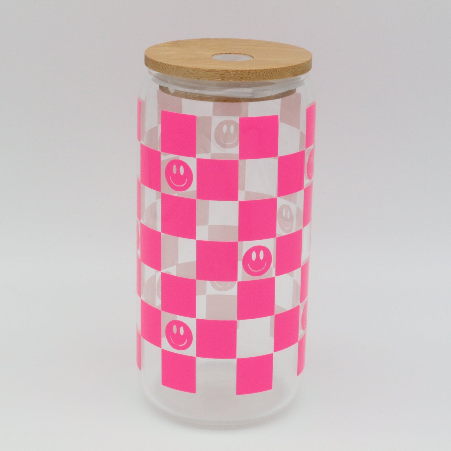 Checkered Smiley | Trinkglas 500 ml | Strohhalm + Deckel