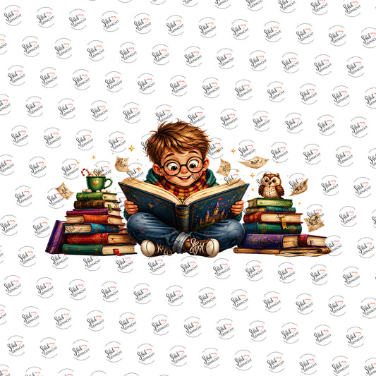 Junge im Bücherstapel