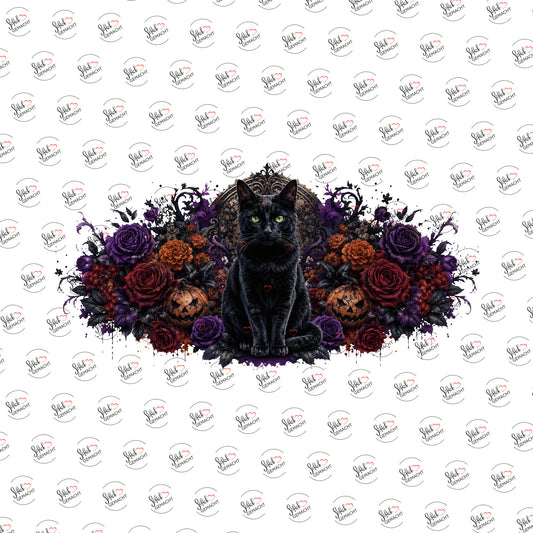 Schwarze Katze im Blumenmeer
