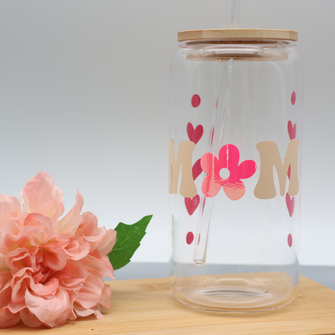 Mom | Trinkglas 500 ml | Strohhalm + Deckel