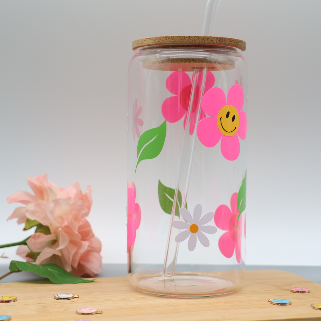 Smiley Flowers | Trinkglas 500 ml | Strohhalm + Deckel