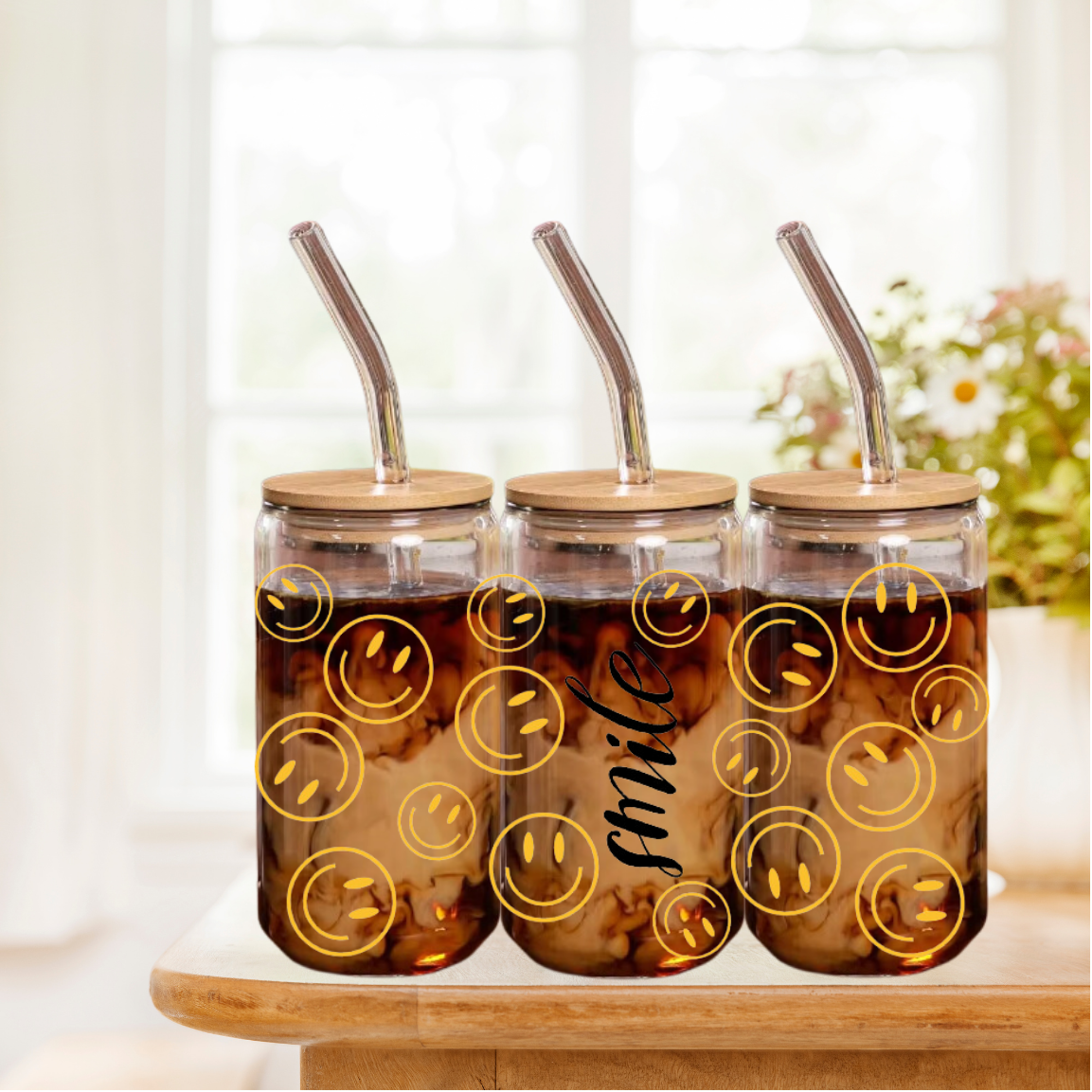 Smiley | Trinkglas 500 ml | Strohhalm + Deckel