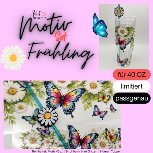 001 - Frühling Produktset | UV DTF Sticker + Strohhalm + Blumen Topper
