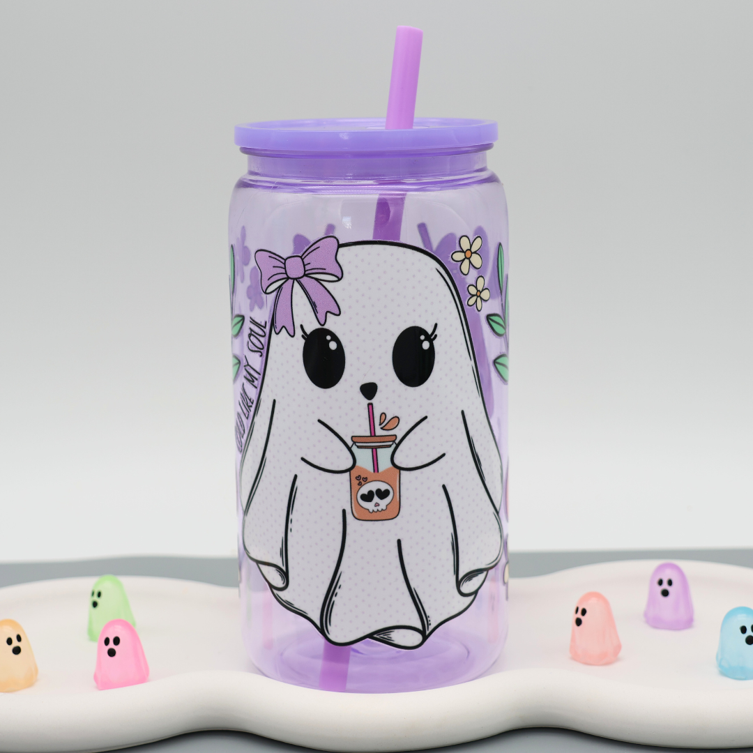 Plastikbecher mit Strohhalm - Ghost Trinkglas