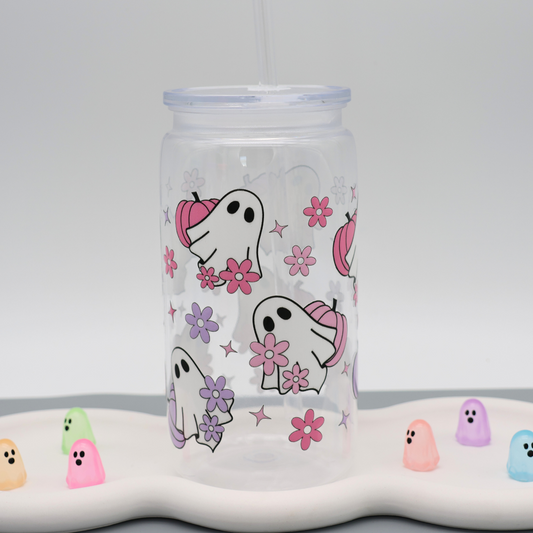 Plastikbecher mit Strohhalm - Pumpkin Ghost