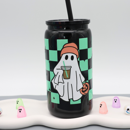 Plastikbecher mit Strohhalm - Checkered Ghost