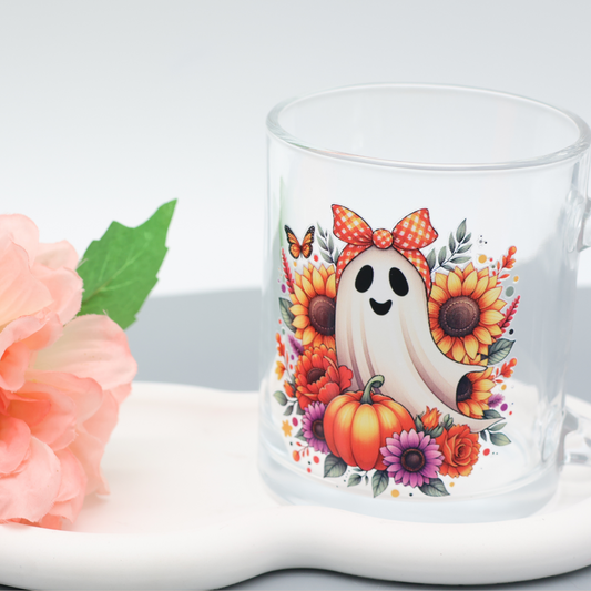 Glas Tasse mit niedlichem Herbst Geist mit Schleife| trendige Kaffeetasse mit frechen Motiven | 300ml Tasse für Büro