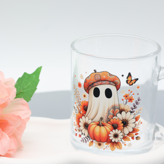 Glas Tasse mit niedlichem Herbst Geist mit Hut| trendige Kaffeetasse mit frechen Motiven | 300ml Tasse für Büro
