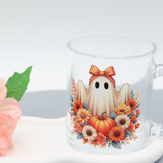 Glas Tasse mit niedlichem Herbst Geist im Blumenbeet| trendige Kaffeetasse mit frechen Motiven | 300ml Tasse für Büro