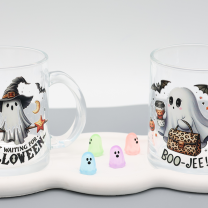 Glas Tasse just waiting for halloween | trendige Kaffeetasse mit frechen Motiven | 300ml Tasse für Büro
