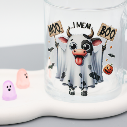 Glas Tasse mit Boo Kuh | trendige Kaffeetasse mit frechen Motiven | 300ml Tasse für Büro