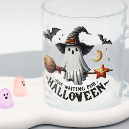 Glas Tasse just waiting for halloween | trendige Kaffeetasse mit frechen Motiven | 300ml Tasse für Büro