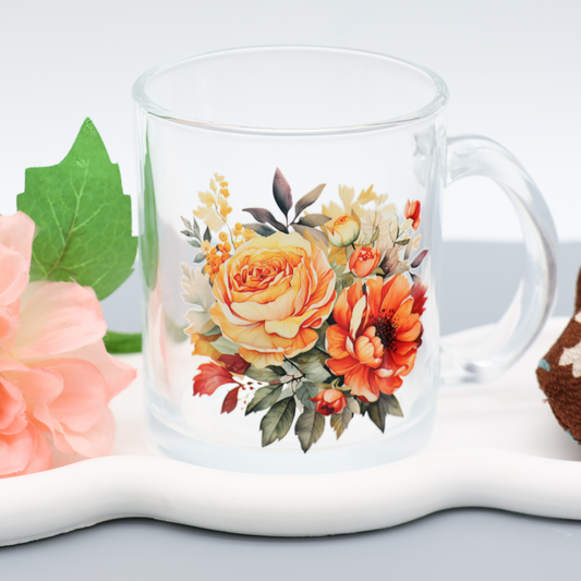 Glas Tasse mit floralem Herbst Design | trendige Kaffeetasse mit herbstlichen Motiven | 300ml Tasse für Büro