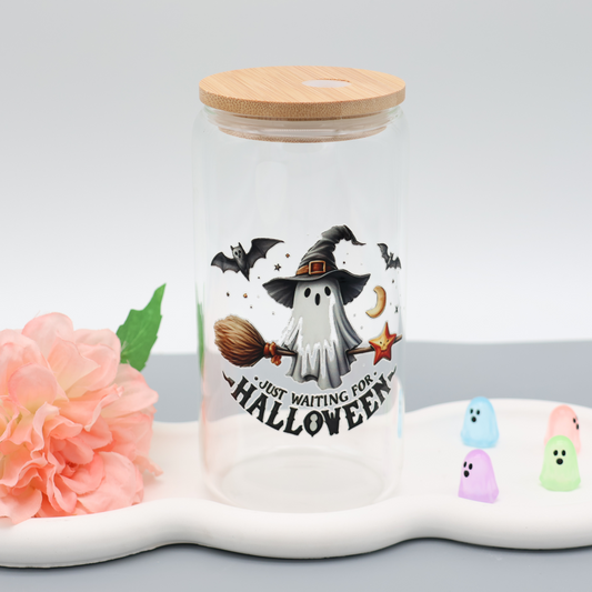 Just waiting for Halloween Trinkglas | Strohhalm und Deckel | 500ml Glas