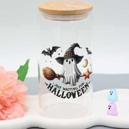 Just waiting for Halloween Trinkglas | Strohhalm und Deckel | 500ml Glas