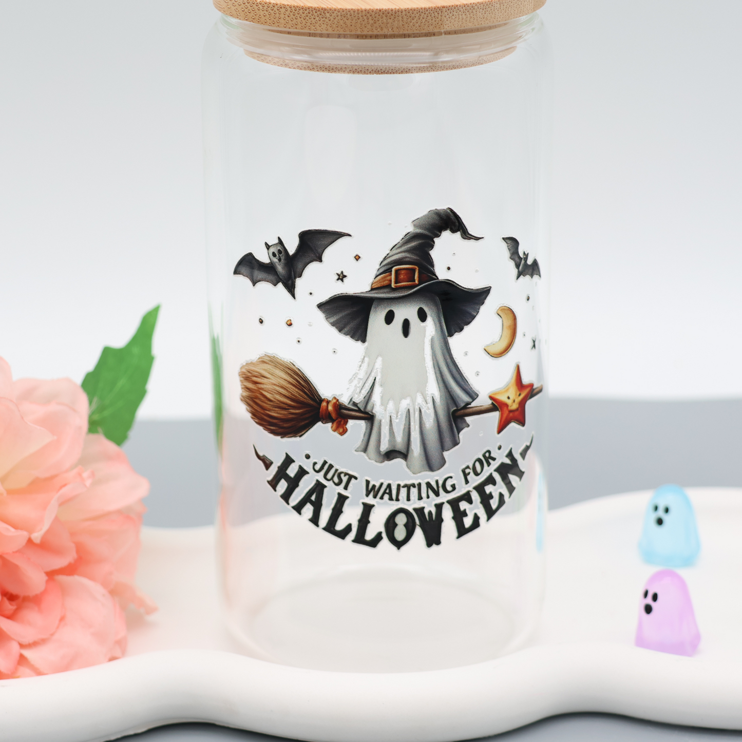 Just waiting for Halloween Trinkglas | Strohhalm und Deckel | 500ml Glas