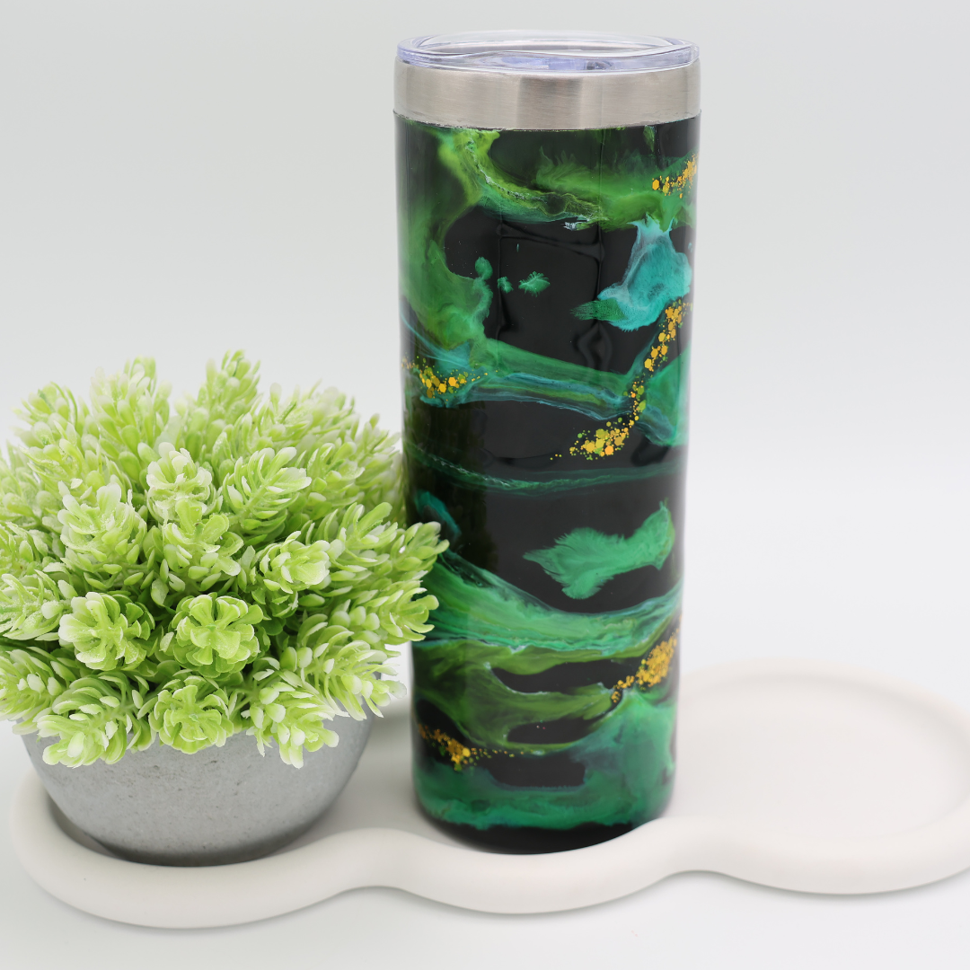 Grün, schwarz, glodener Tumbler | Edelstahl Tumbler | Epoxidharz Thermobecher