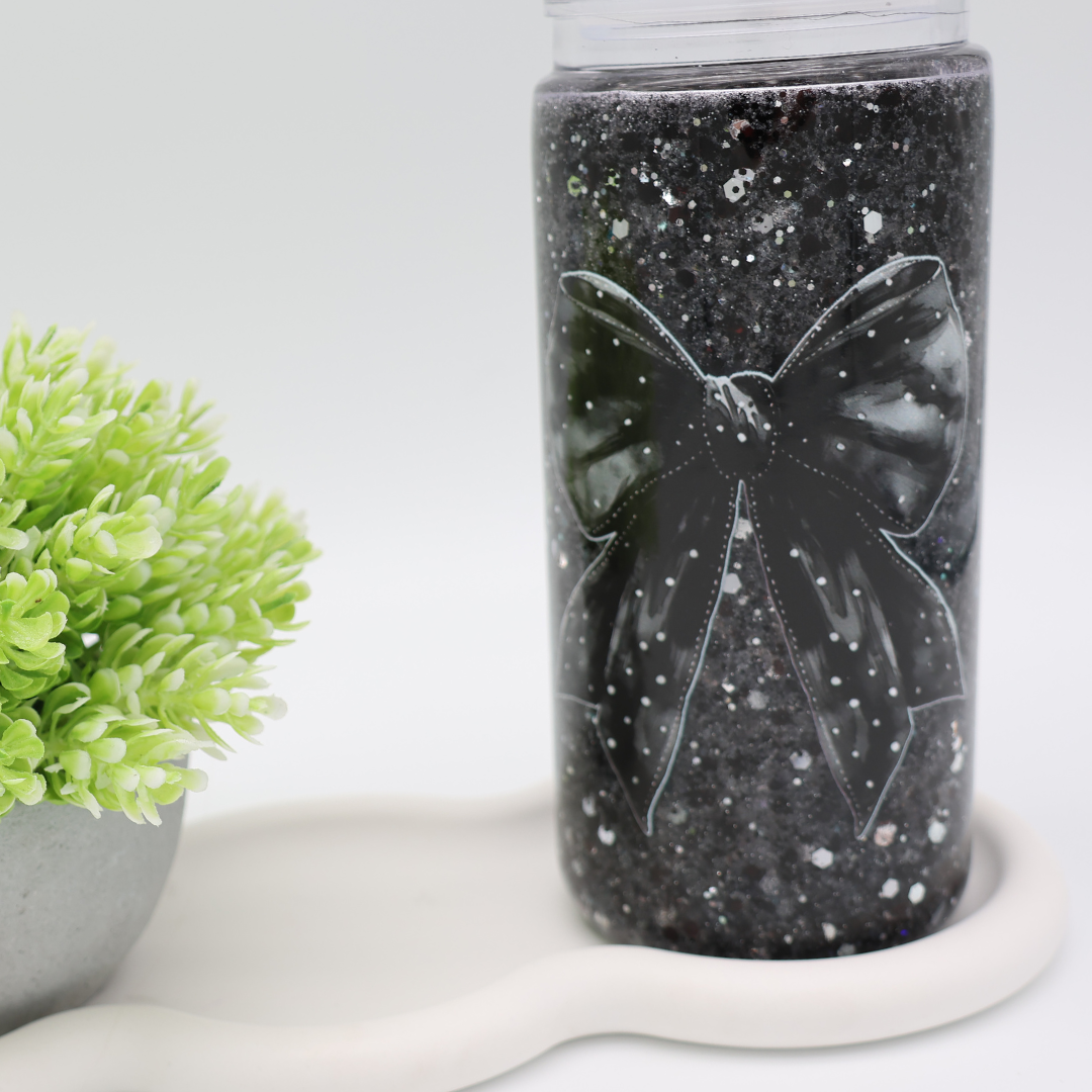 Snowglobe- / Glitzer-Becher - Black Glitter Bow 500ml