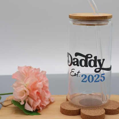 Daddy EST - personalisierbar | Baseball Variante | Trinkglas 500 ml | Strohhalm + Deckel