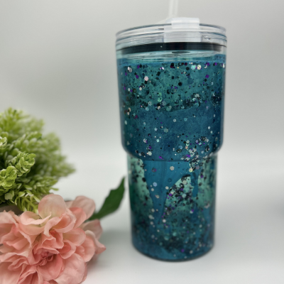 Blue Glitter Lava Becher | 18OZ Becher Doppelwandig mit Deckel und Strohhalm