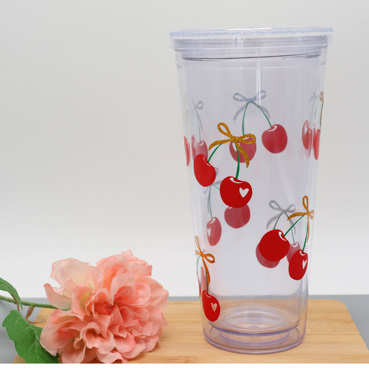 Trinkbecher Cherry Bow | Strohhalm + Deckel | 700 ml
