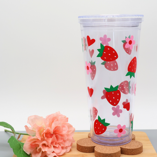 Trinkbecher Erdbeeren | Strohhalm + Deckel | 700 ml