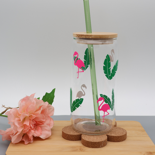 Flamingo & Leaf | Trinkglas 500 ml | Strohhalm + Deckel