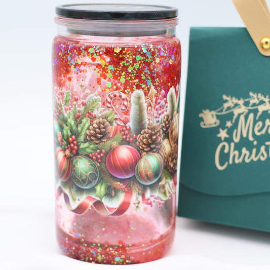 Snowglobe- / Glitzer-Becher - Weihnachtskranz