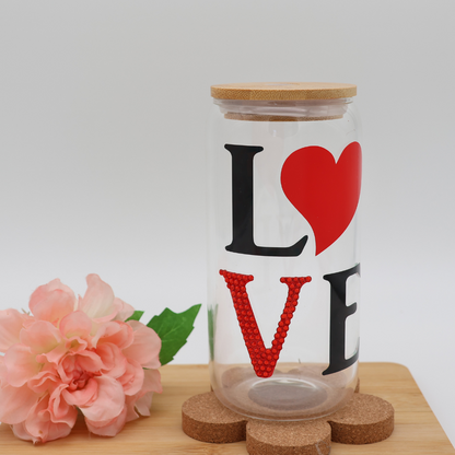 LOVE  - Strassstein | Trinkglas 500 ml | Strohhalm + Deckel