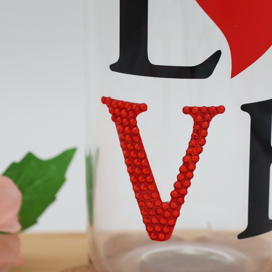 LOVE  - Strassstein | Trinkglas 500 ml | Strohhalm + Deckel